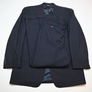 Vtg USA Made 44R 34x32 Blue Striped 100% Wool Mens Jacket Pants Suit